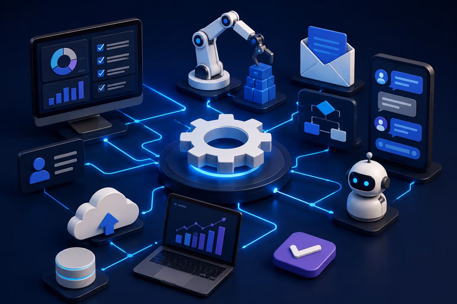 Diagrama de automatización empresarial mostrando sistemas interconectados de CRM, email, facturación, inventario y soporte al cliente