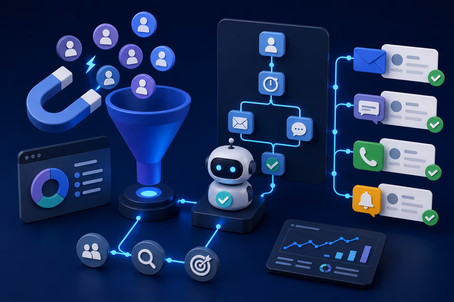 Dashboard de automatización de seguimiento de leads mostrando puntuación, secuencias automatizadas, pipeline de CRM y analíticas
