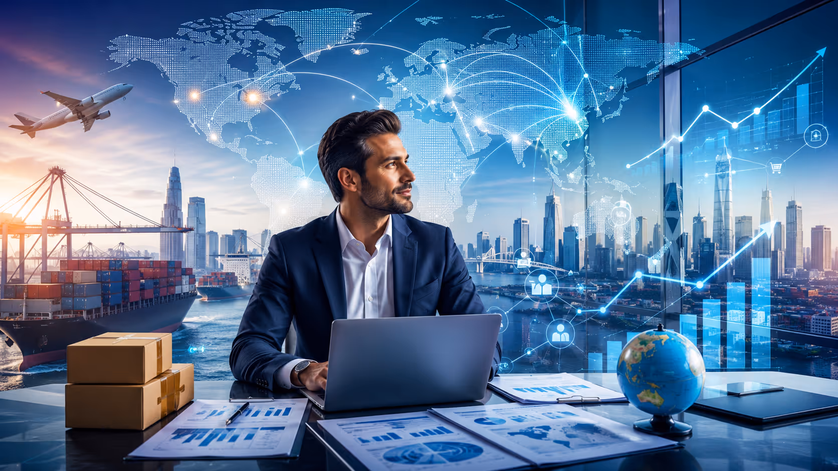 Mapa mundial con conexiones de expansión empresarial: oficinas, pagos transfronterizos, contratación global, con iconos de Stripe y estructuras legales internacionales