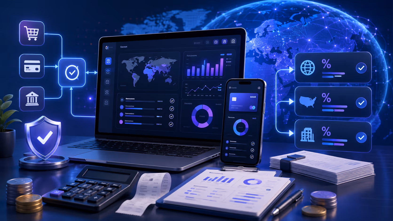 Stripe Tax dashboard mostrando cálculo de impuestos y reportes fiscales