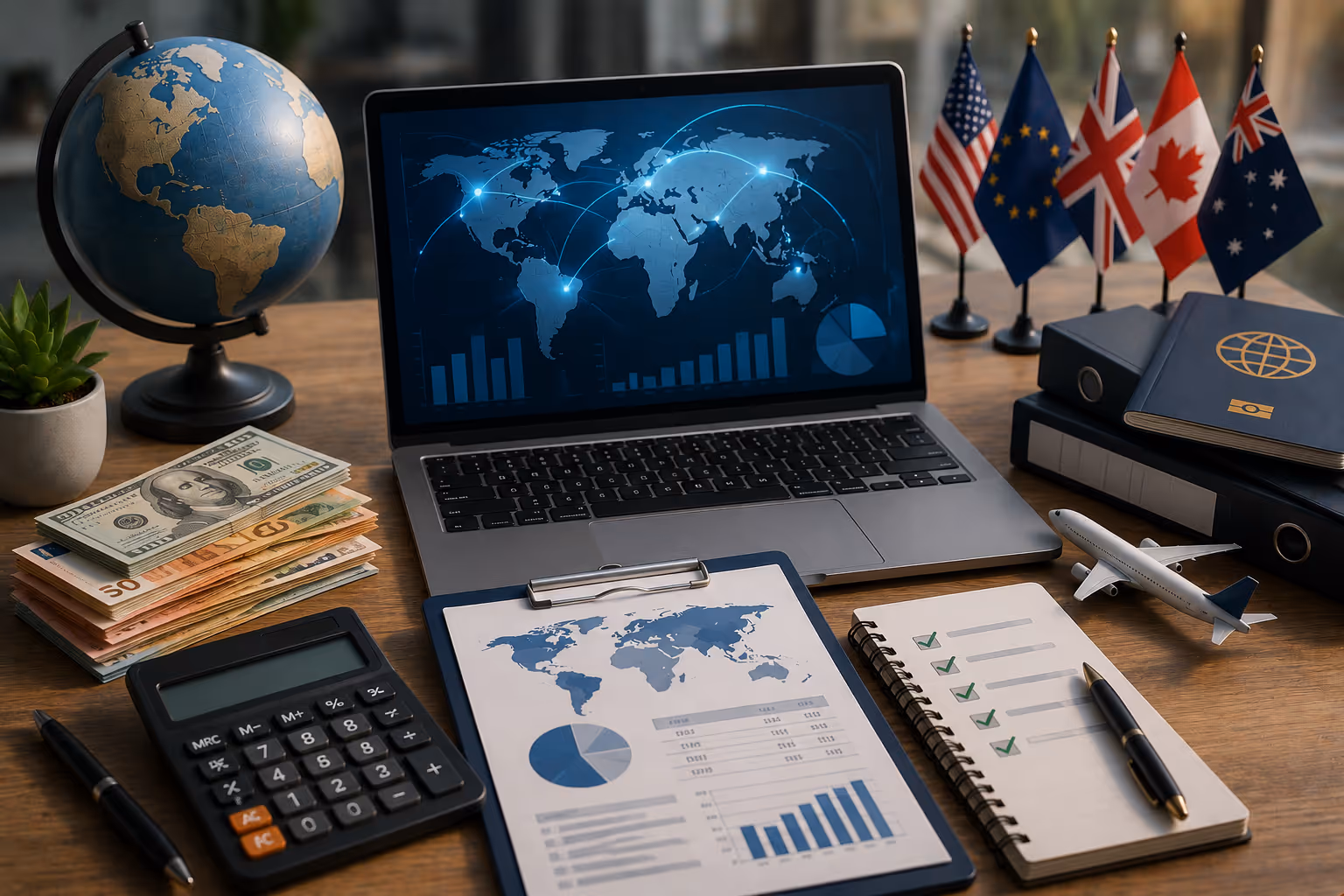 Persona manejando finanzas internacionales con mapas y monedas de diferentes países