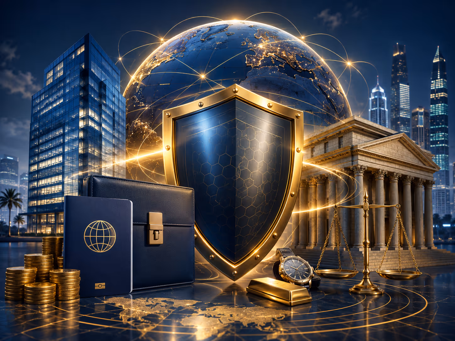 Escudo protector sobre un mapa mundial con iconos de activos financieros, propiedades e inversiones