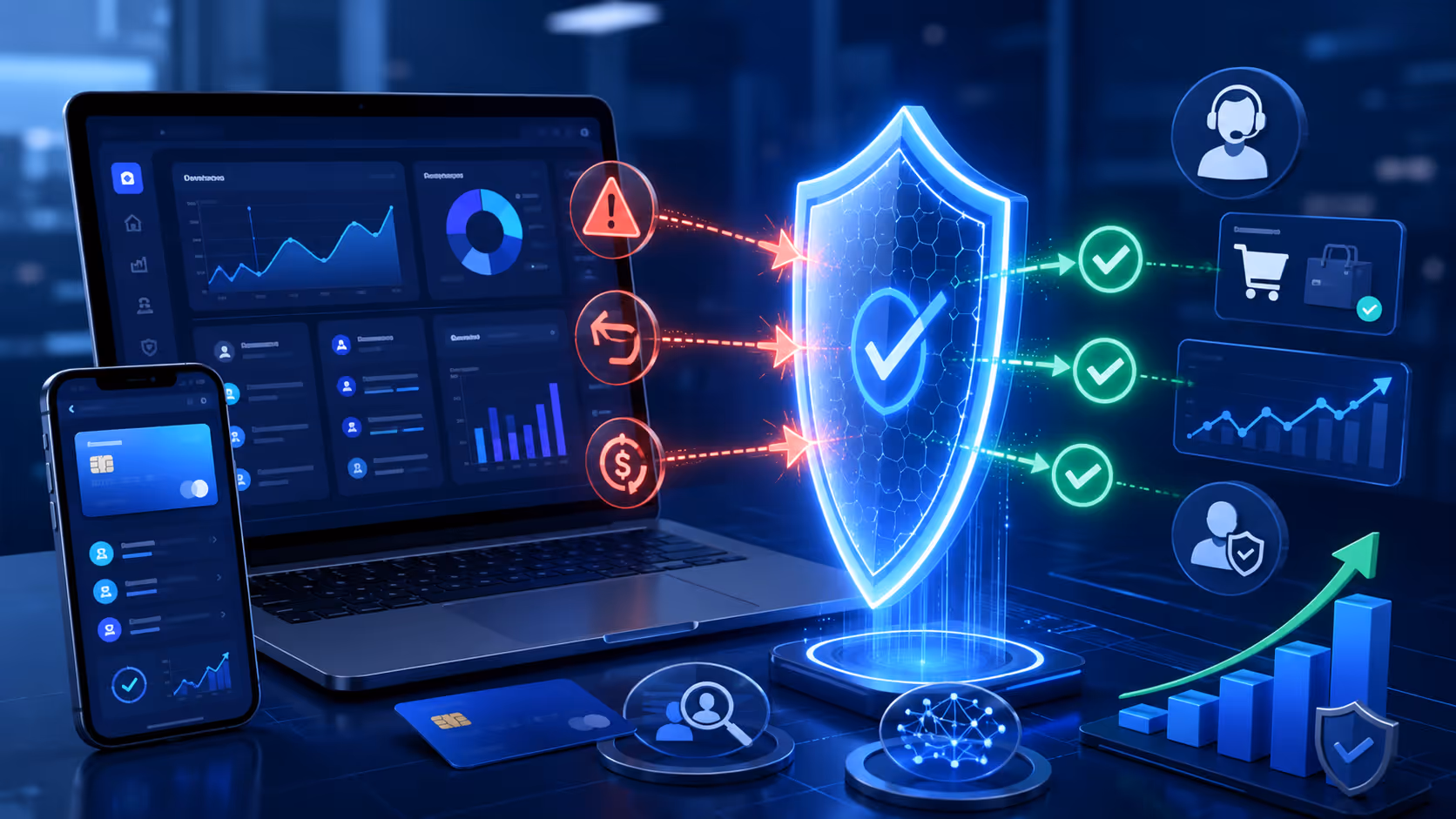 Escudo de protección con íconos de disputas, chargebacks y soluciones