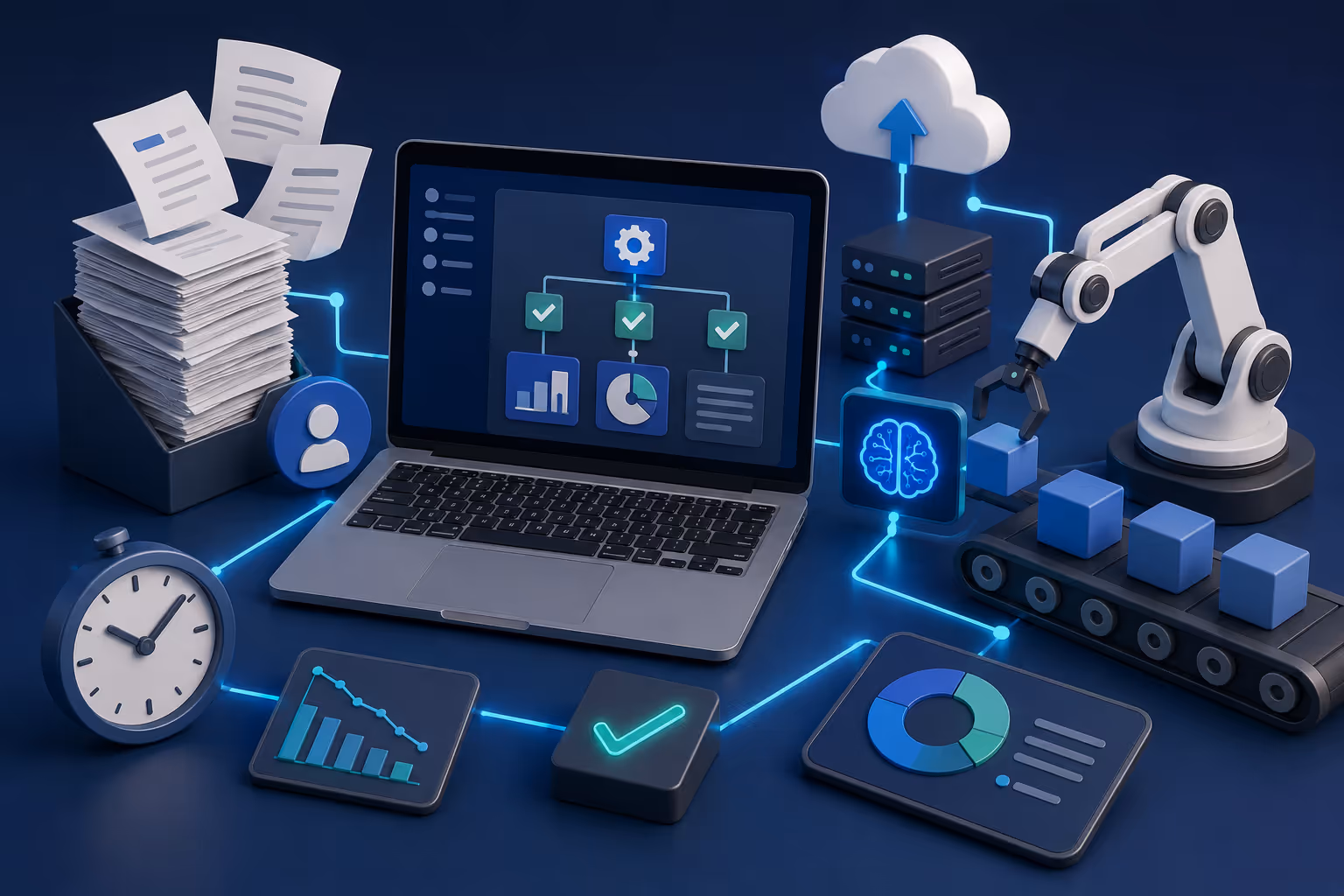 Dashboard de automatización operativa mostrando automatización de flujos, bots RPA, procesamiento de documentos, conciliación Stripe y analíticas de procesos