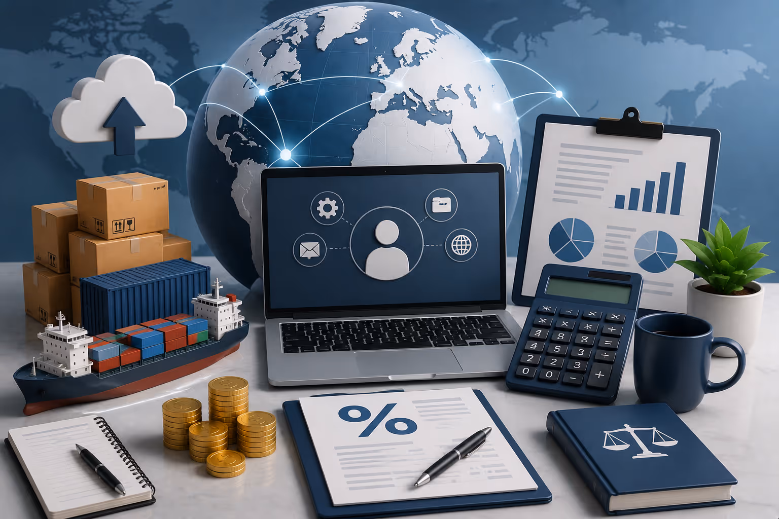 Guía de revisión de estado tributario empresarial que muestra transcripción de cuenta del IRS, panel de portal tributario estatal, rastreador de pagos de impuestos estimados, calendario de cumplimiento y análisis de nexo multiestatal