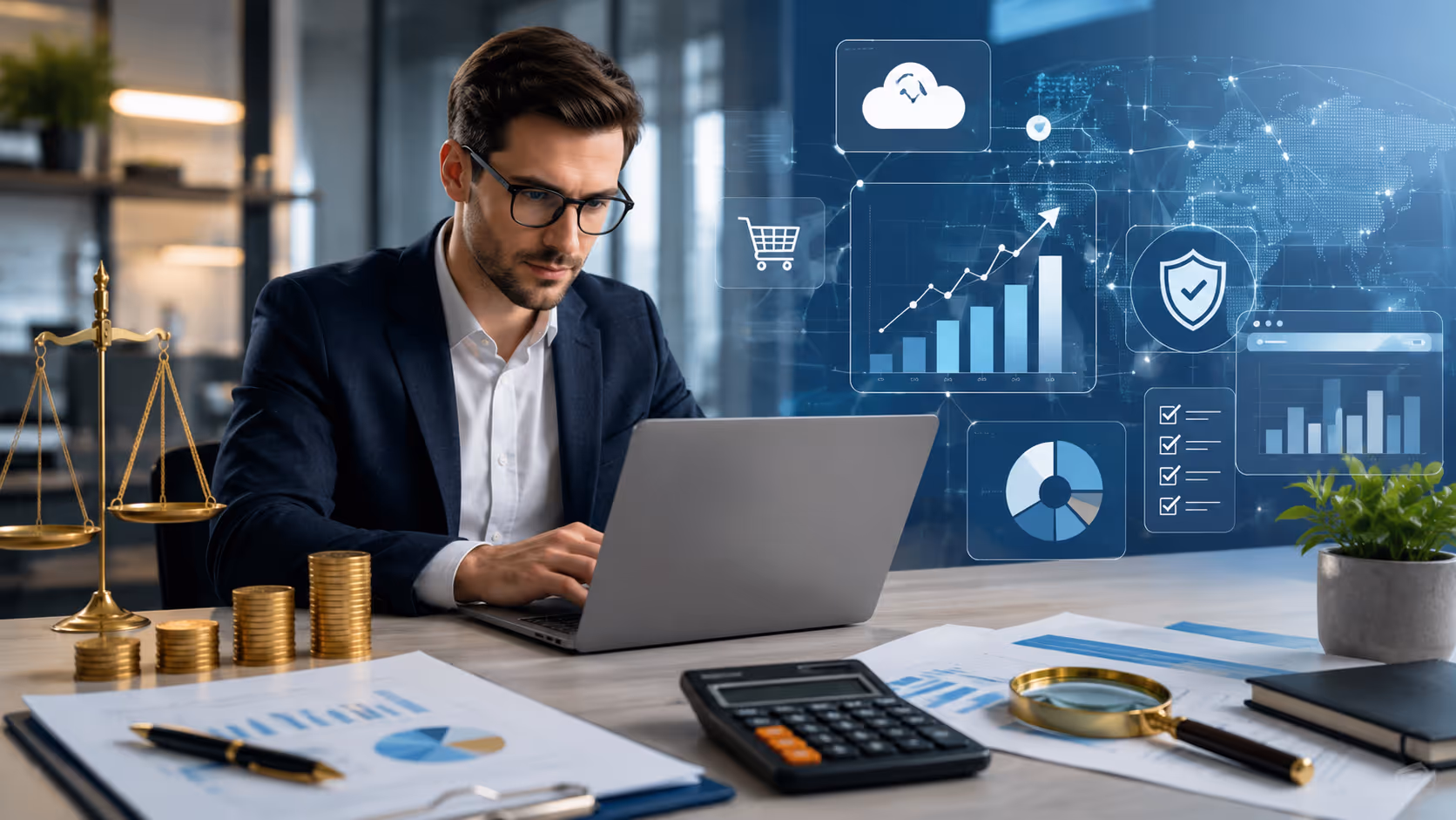Estrategia fiscal digital con gráficos, dispositivos y documentos