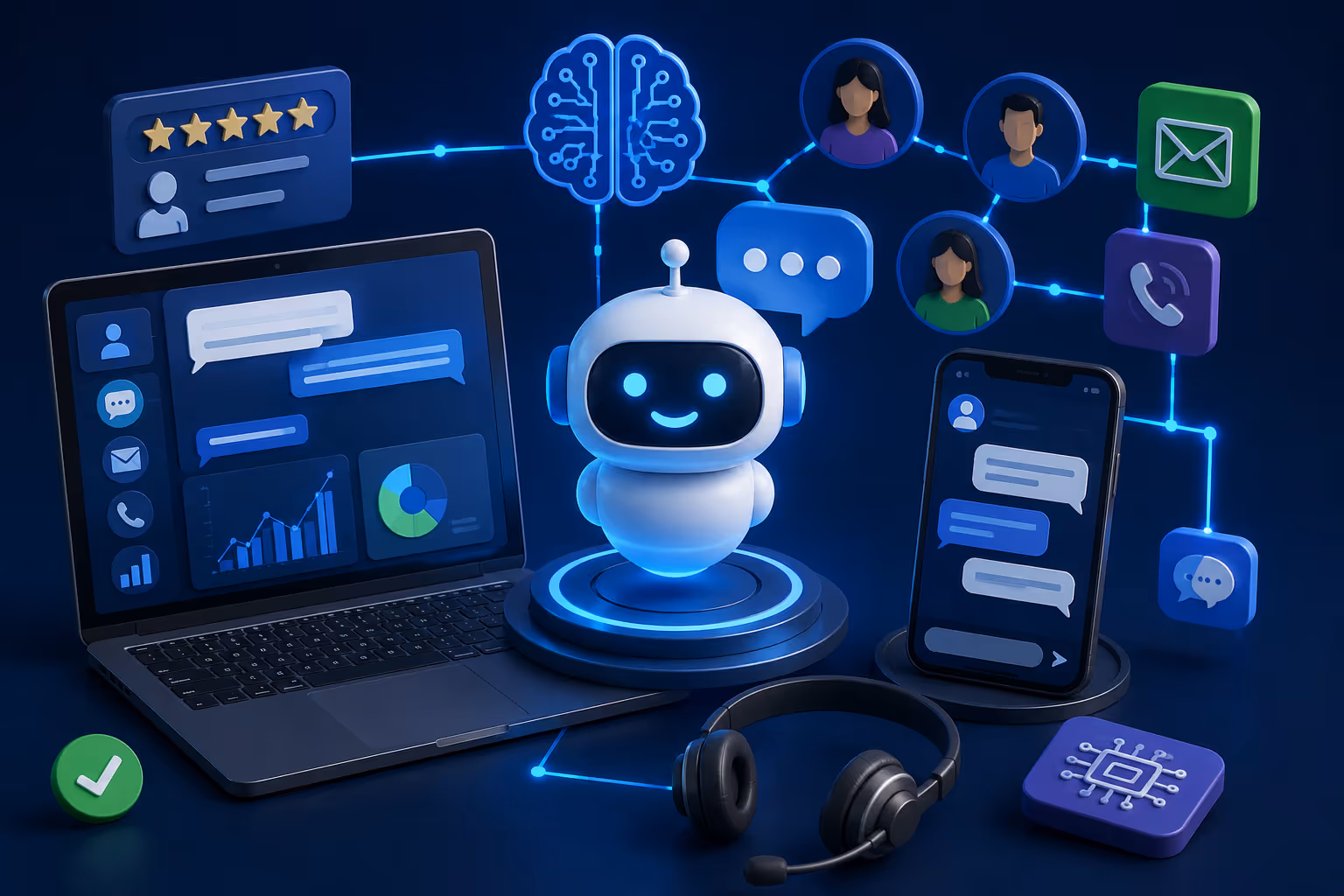 Dashboard de soporte al cliente con IA mostrando conversaciones de chatbot, análisis de sentimiento, resolución automatizada de tickets y métricas de rendimiento