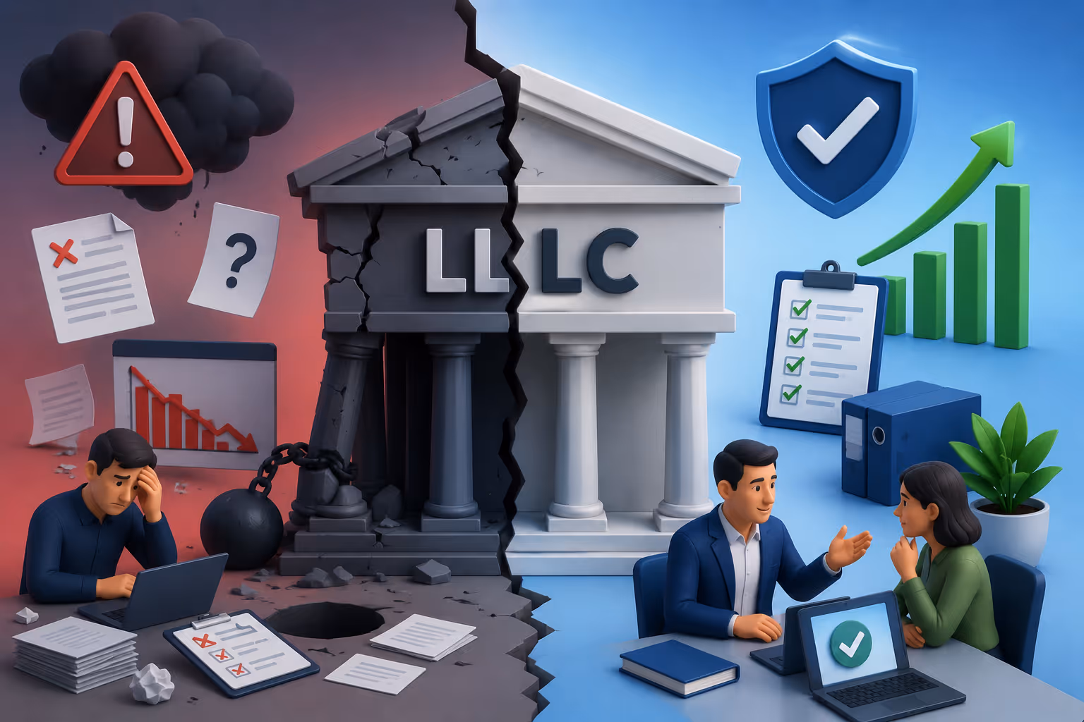 Guía de evaluación de riesgo de LLC que muestra lista de verificación de buen estado, panel de cumplimiento, rastreador de estado de entidad, análisis de protección de responsabilidad y monitor de plazos de declaración estatal