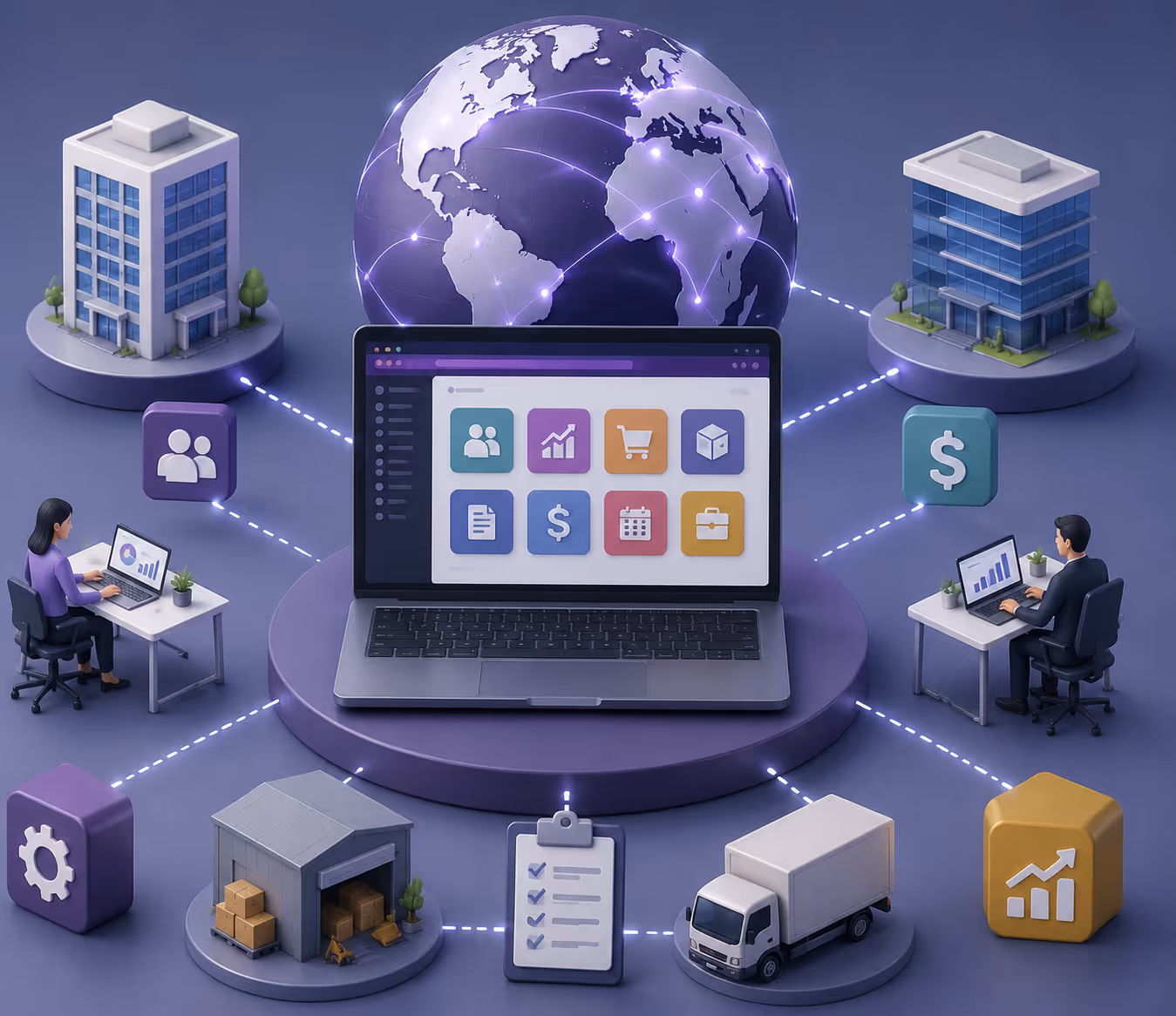 Dashboard de Odoo ERP mostrando ventas multiempresa, multimoneda, inventario internacional y módulos de contabilidad global