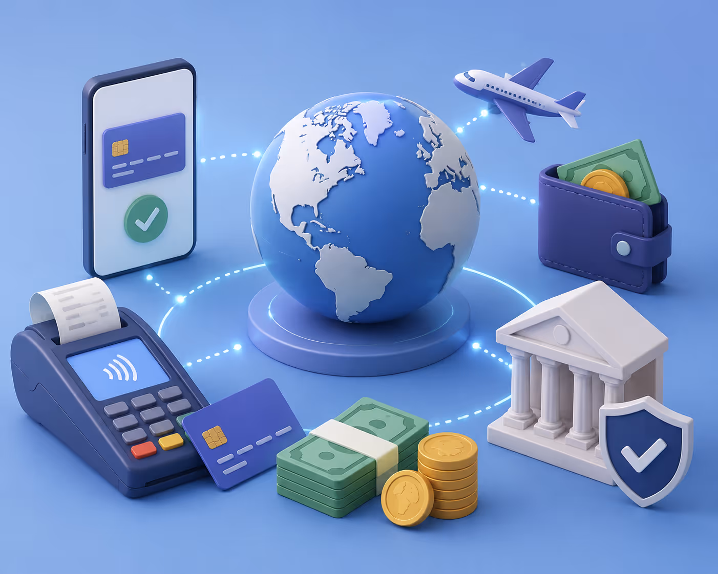 Diferentes métodos de pago internacional con mapas y dispositivos digitales