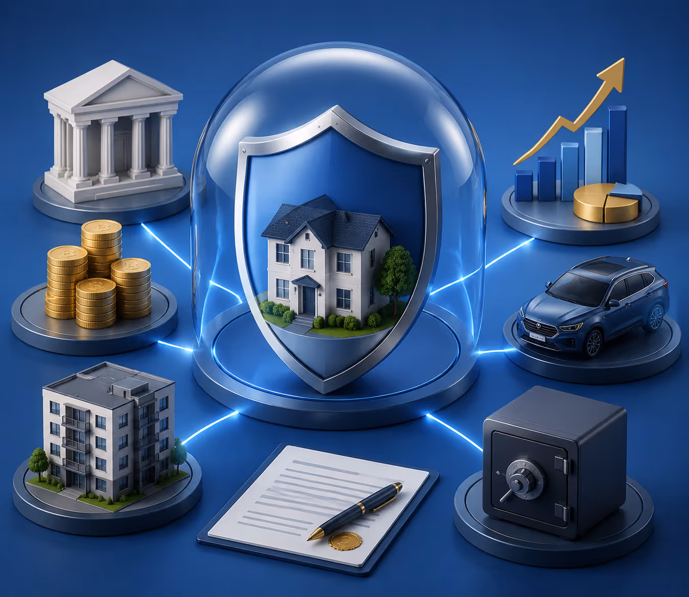 Estructura piramidal de protección patrimonial: propiedades individuales → LLCs → Holding → Trust, con escudos de protección en cada nivel