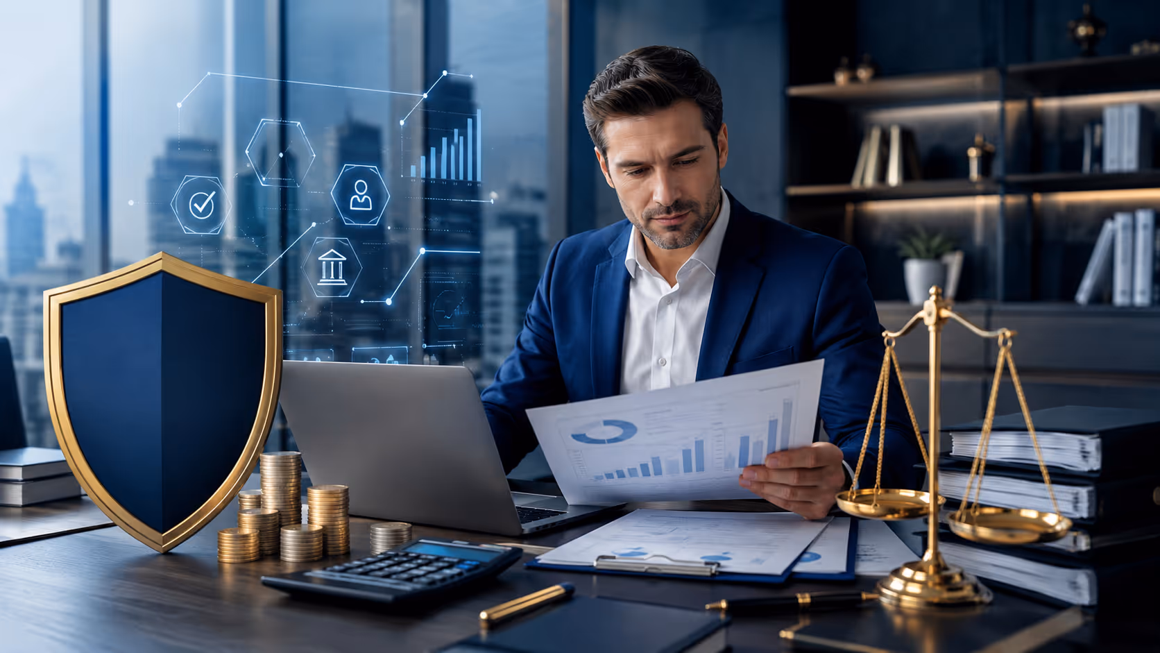 Empresario analizando gráficos financieros y documentos fiscales