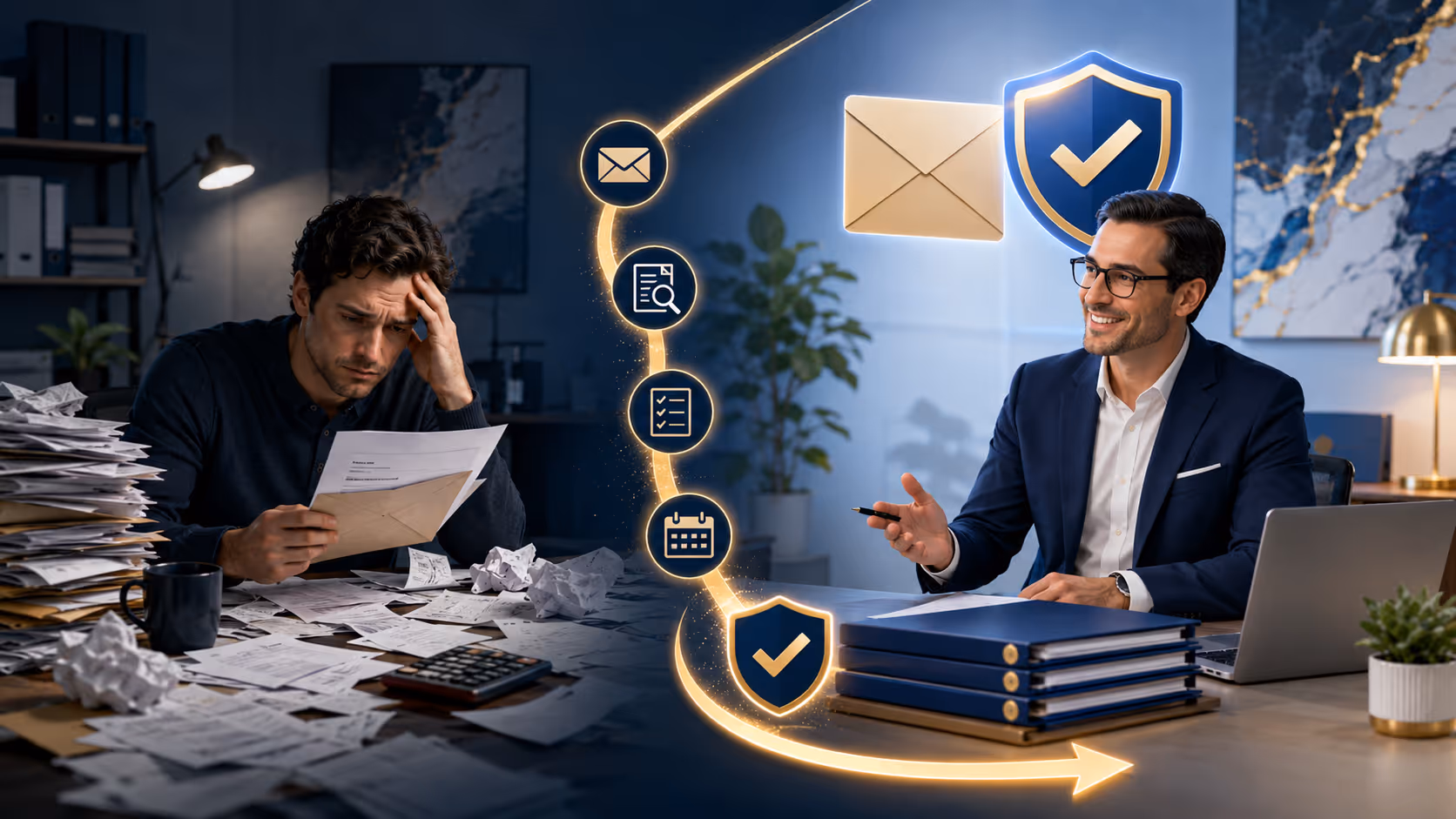 Gu�a de respuesta a avisos del IRS que muestra tipos de carta por gravedad, diagrama de flujo de plazo de respuesta, tabla de referencia de n�meros de aviso del IRS, lista de verificaci�n de derechos del contribuyente y panel de gesti�n de cuenta en l�nea