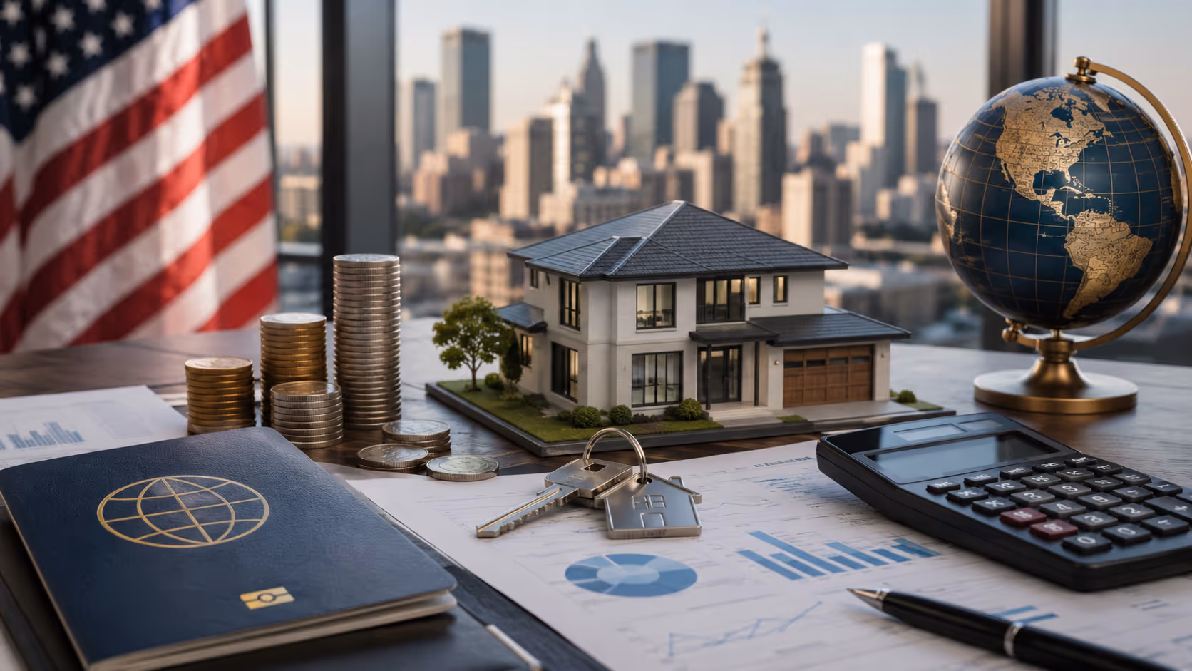 Ciclo de impuestos para extranjero en real estate: compra, tenencia, alquiler y venta con iconos de IRS, FIRPTA y property tax