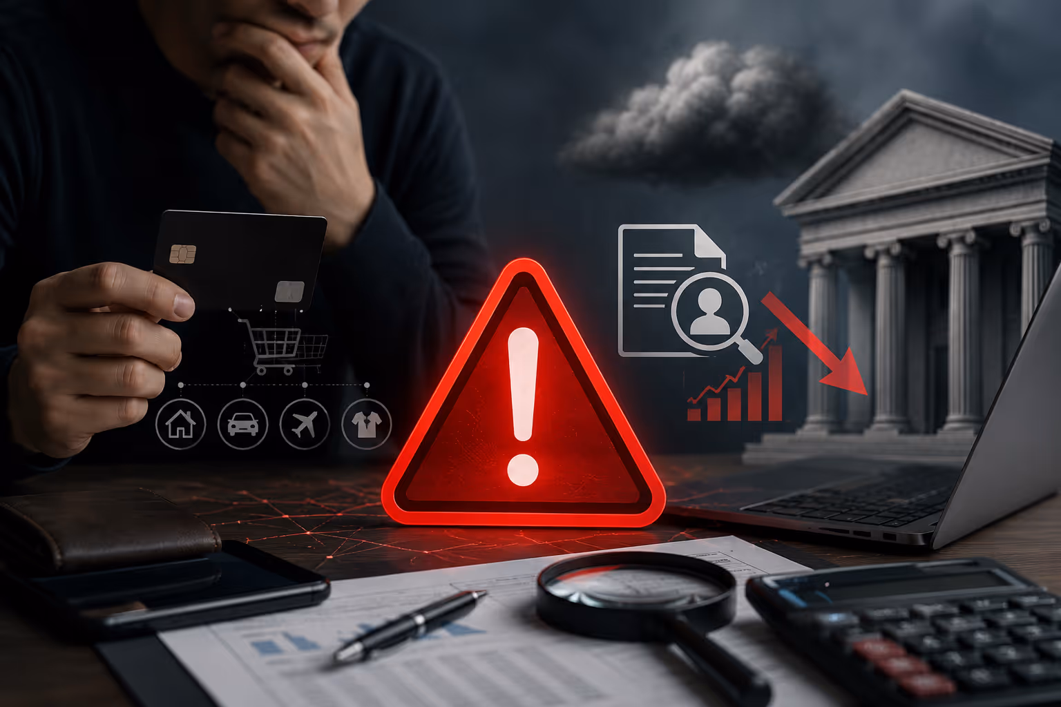 Persona preocupada mirando extractos bancarios con signos de interrogación