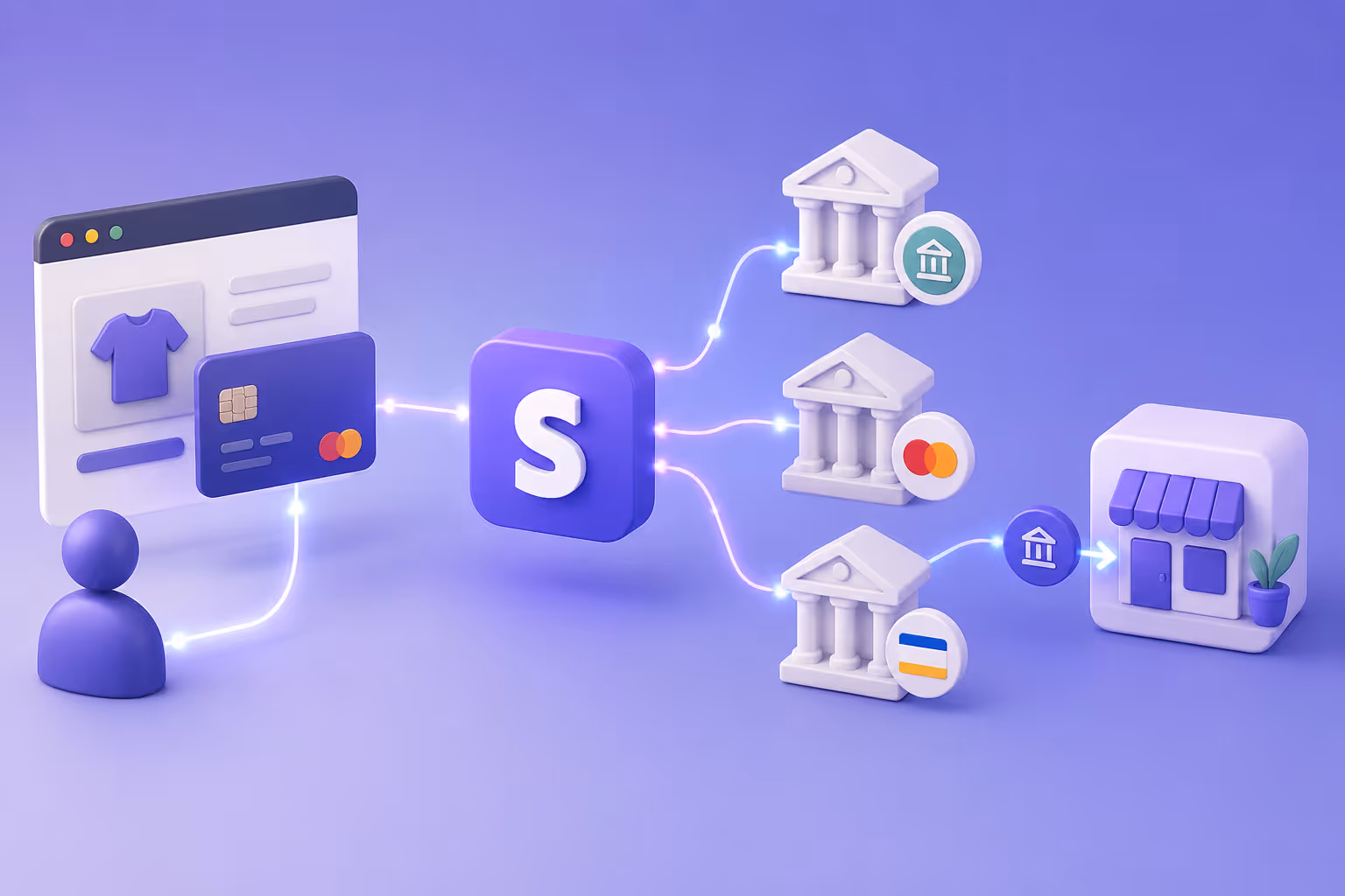 Diagrama de automatización Stripe mostrando webhooks conectando CRM, email, facturación, inventario y sistemas de analítica